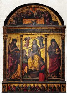 Cristoforo Scacco da Verona, Sposalizio mistico di Santa Caterina tra i Ss. Giovanni Battista ed Evangelista, tempera e oro su tavola, XV sec., Monte San Biagio (Latina), chiesa di San Giovanni Battista