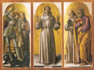 Bartolomeo Vivarini, Trittico di Andria (San Michele e Sant'Antonio da Padova, San Francesco d'Assisi, San Bernardino da Siena e San Pietro Apostolo),1483, Bari, pinacoteca metropolitana Corrado Giaquinto